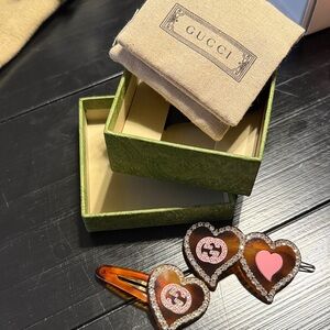 Gucci Brown Heart Hair Clip with Pink Accents